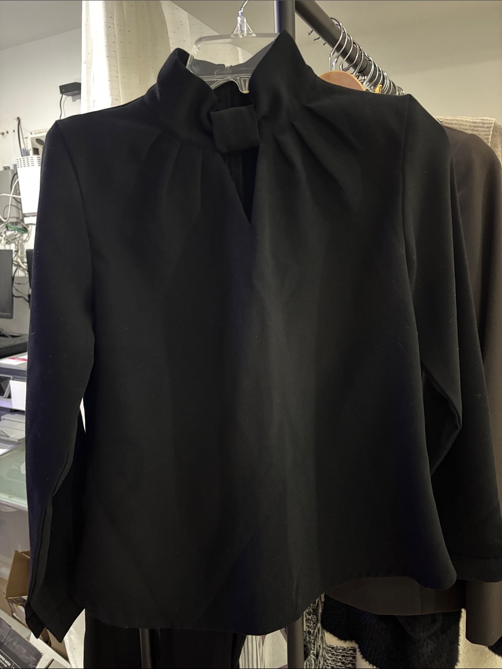 Women's Black Tie-Neck Long Sleeve Blouse
